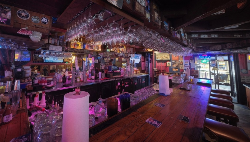 The bar at Nate's, stocked and glowing under neon