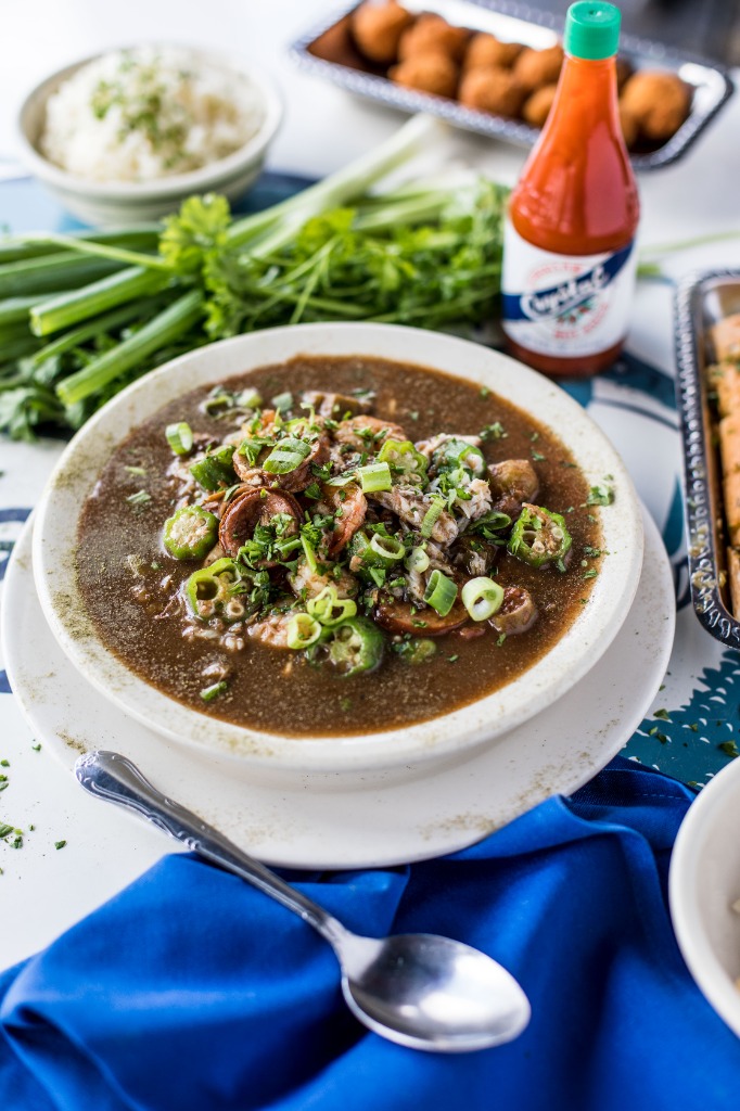 Rich Cajun seafood gumbo with sausage, okra, and rice